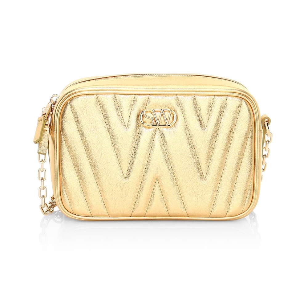 NWT STUART WEITZMAN Reana Quilted Metallic Leather Camera Bag in Gold